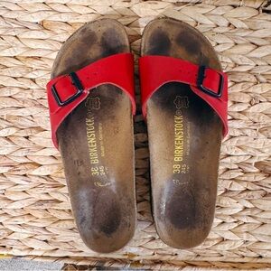 Birkenstock Madrid Birko-Flor Red Sandals with Black Buckles, Size 38 Narrow